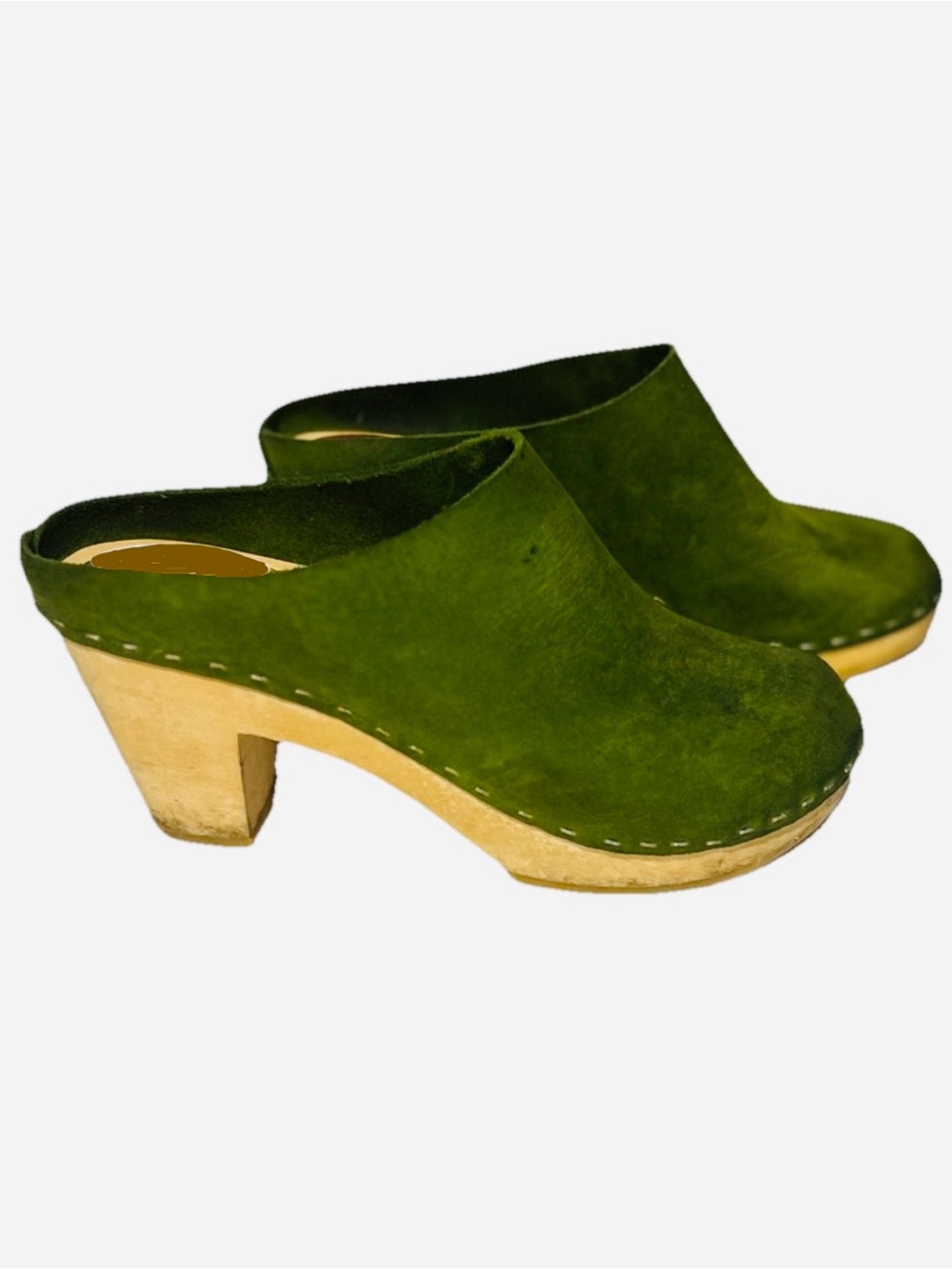 BRYR Green Suede Wooden Clogs Size 36 Handmade Leather Slip On Mules - Picture 2 of 11